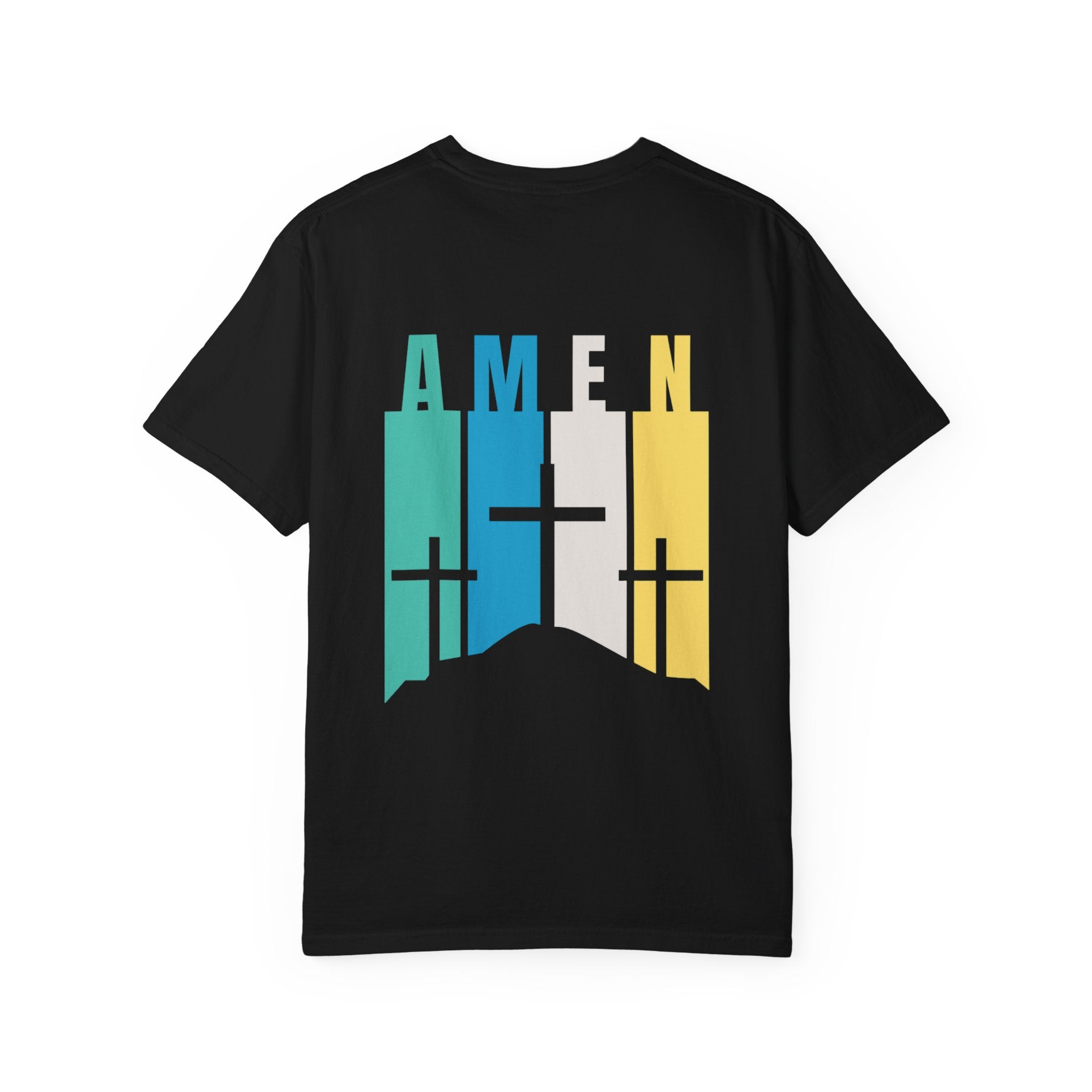 Unisex Garment-Dyed T-shirt - ‘Amen’ Design with Sun and Crosses - Faith-Inspired Apparel for Everyday Wear